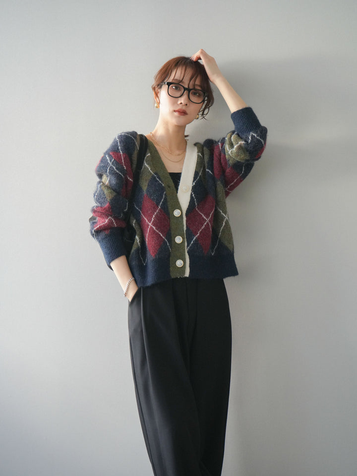 [予約]配色アーガイル柄ニットカーディガン/green