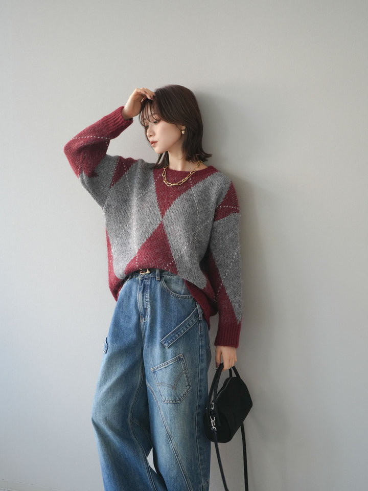 [予約]アーガイルオーバーニットプルオーバー/bordeaux