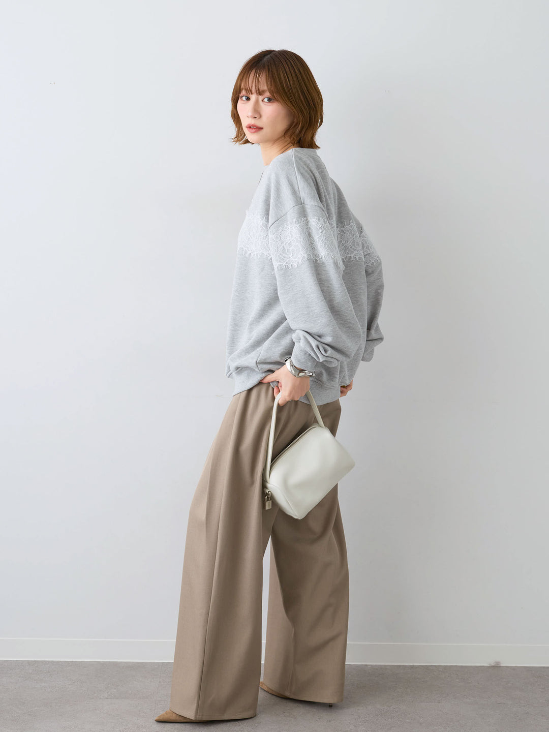 [SET]裏毛レースドッキングプルオーバー+ツイルタックワイドパンツ(2set)