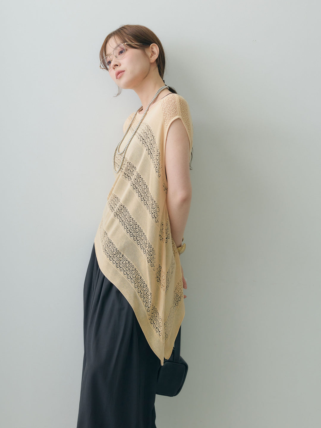 [SET]透かし編みアシメノースリトップス+カフヘムタックコクーンパンツ(2set)