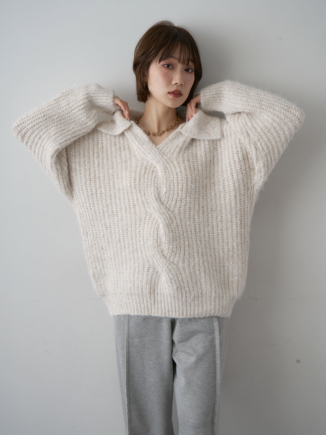 [予約]スキッパースパンリブニットトップス/ivory