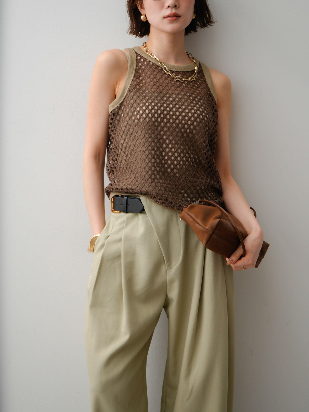 [予約]リブトリムメッシュアメスリトップス/brown