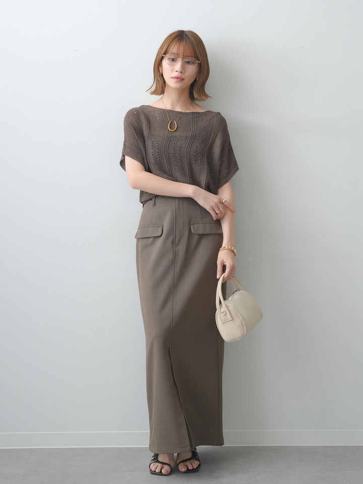 [SET]アイレットサマーニットトップス+クレープデシンフラップ付きストレートスカート(2set)