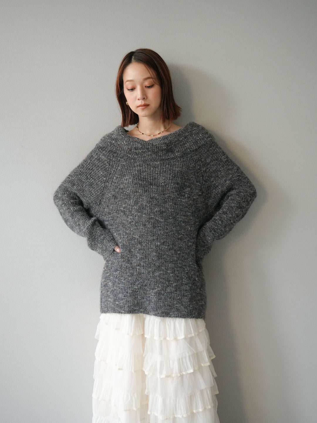 [予約]ミックスヤーンオフショルルーズニットプルオーバー/グレー
