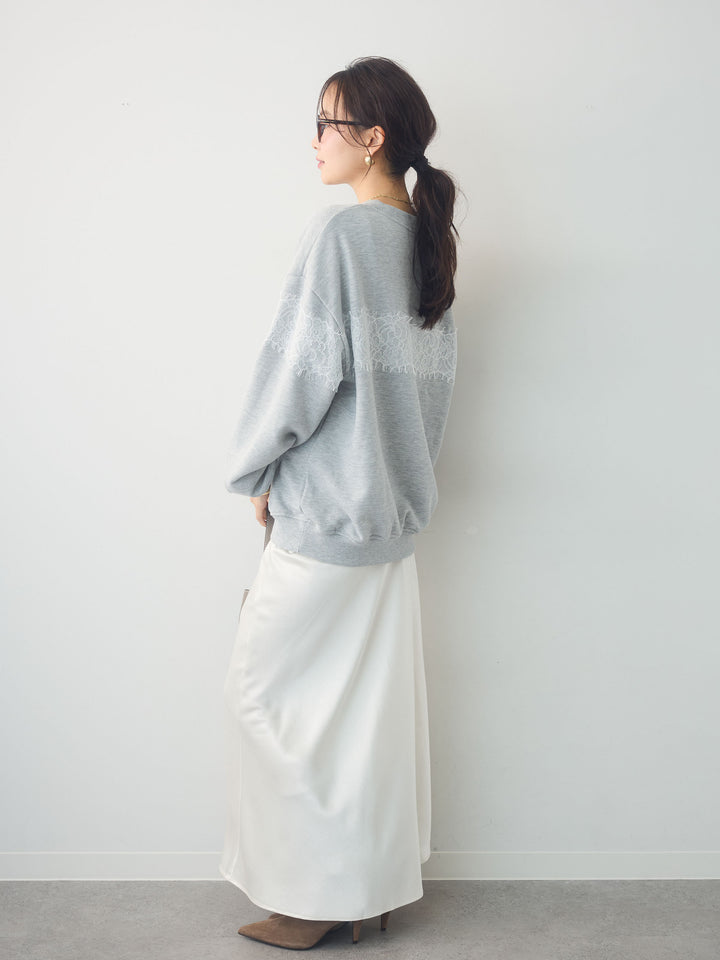 [SET]裏毛レースドッキングプルオーバー+サテンIラインスカート(2set)