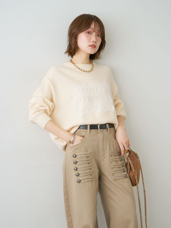 [SET]アルパカタッチ刺繍レースロゴニットプルオーバー+選べるアクセセット(2set)