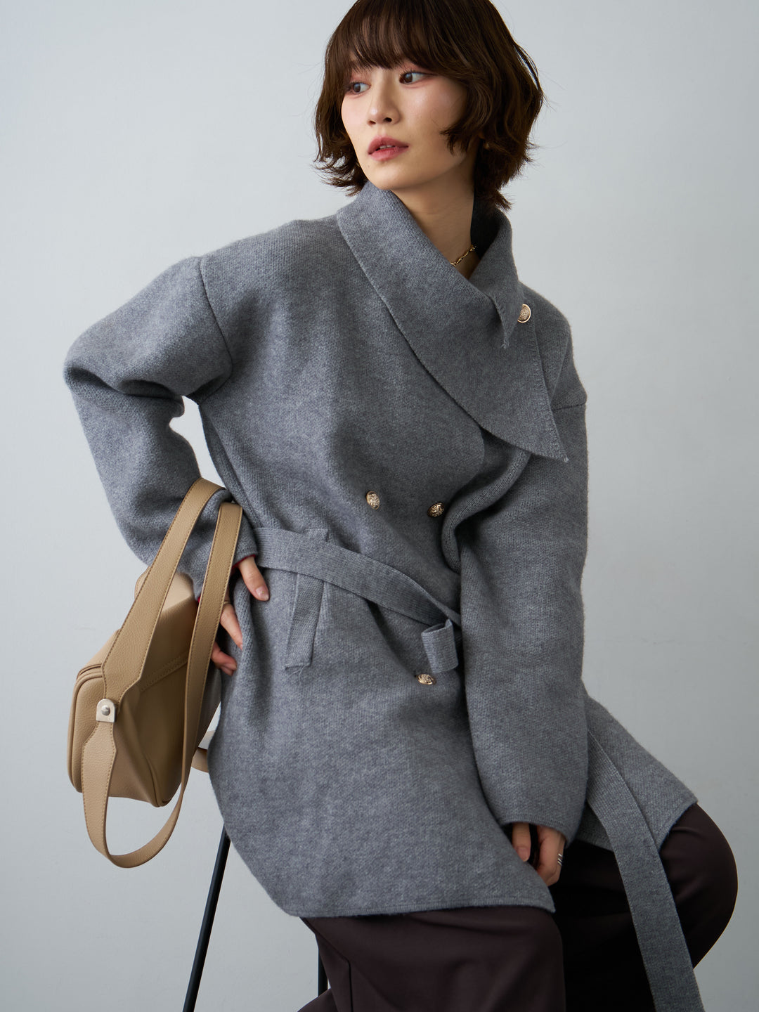 [予約]ゴールドボタンミディアムニットコート/gray