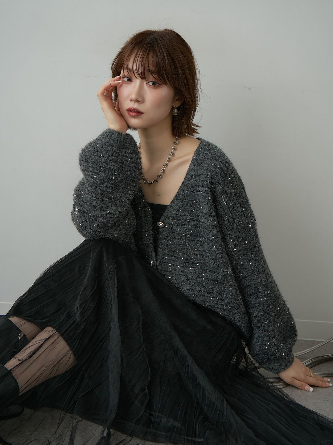 [SET]スパンコールデザインボタンカーディガン+選べるアクセセット(2set)