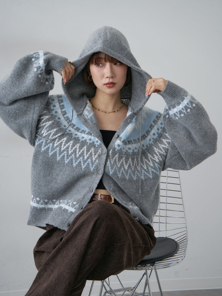 [SET]ノルディックフードカーディガン+ベロアデニムタックワイドパンツ(2set)