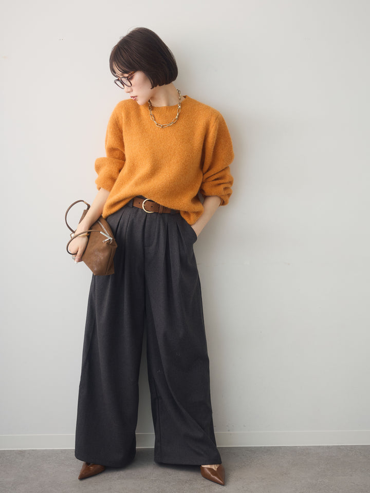[SET]ソフトヘアリークルーネックニットトップス+ダブルタックドレープストレートワイドパンツ(2set)