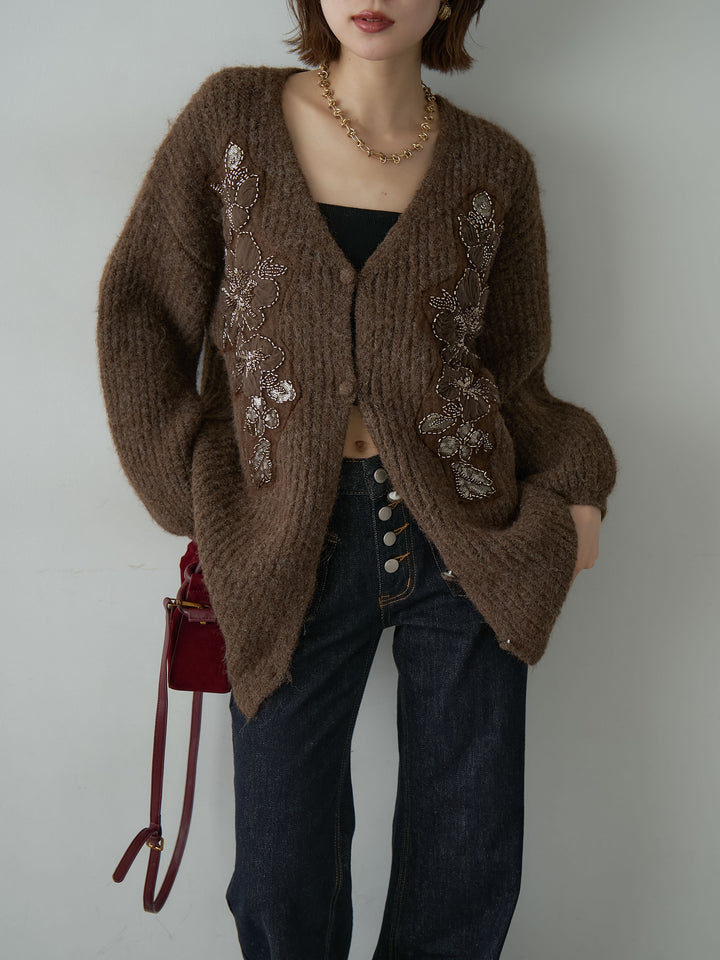 [予約]フローラルビーズニットロングカーディガン/brown