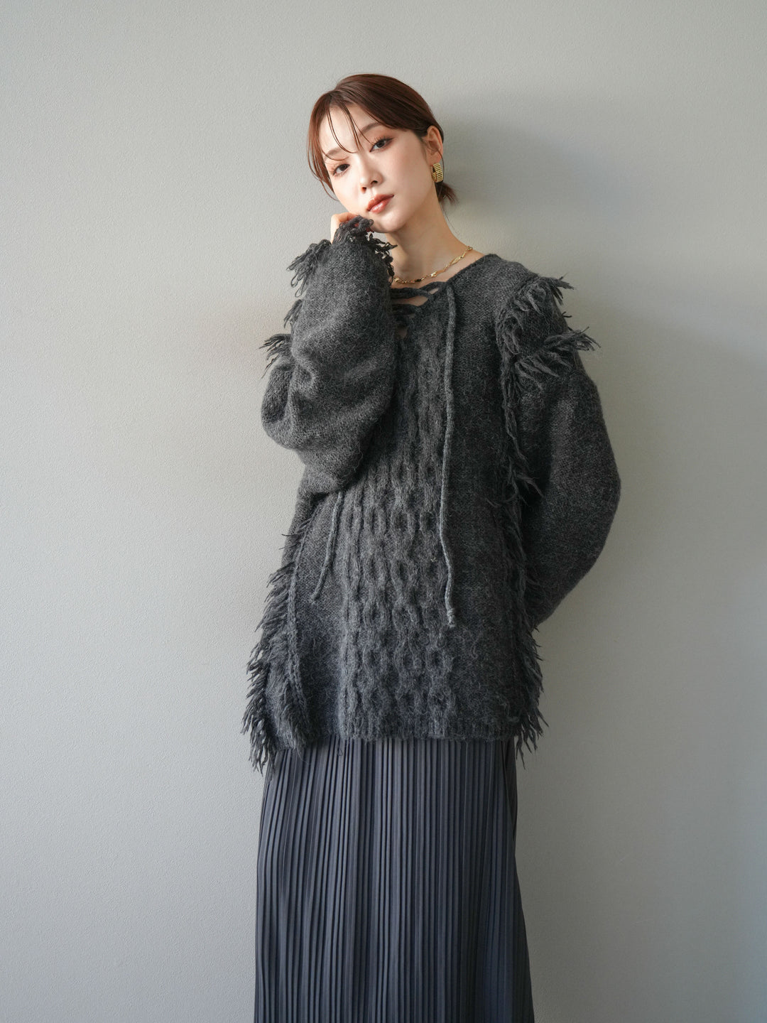 [予約]レースアップフリンジニットプルオーバー/gray