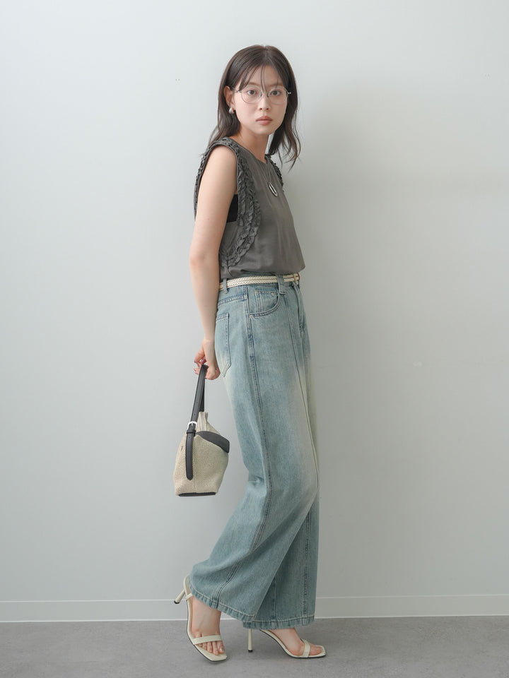 [SET]ホイップフリルフレンチTEE+センターラインワイドストレートデニム(2set)