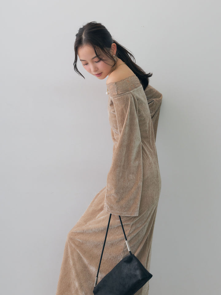 [予約]ベロアレースドッキングオフショルワンピース/beige