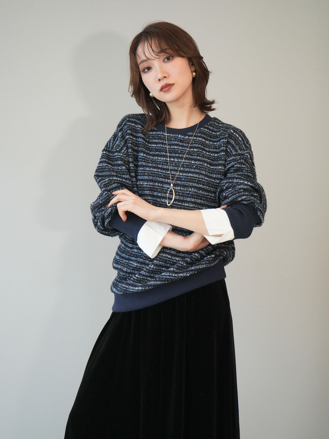 [予約]MIXツイードライクカフスドッキングプルオーバー/blue