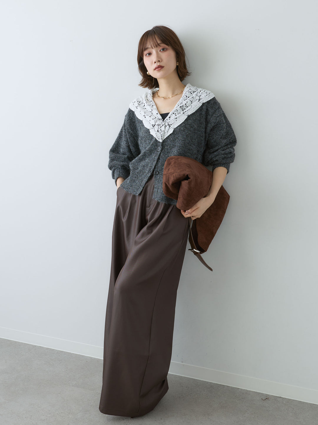 [SET]モヘアレースショールカラーカーディガン+サテンタックワイドパンツ(2set)