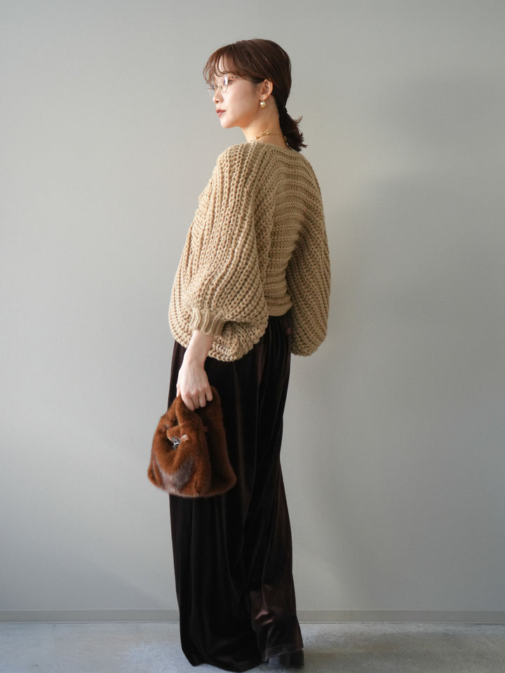 [SET]ローゲージ畦編みドルマンニットボレロ+ベロアベルトスリムパンツ(2set)