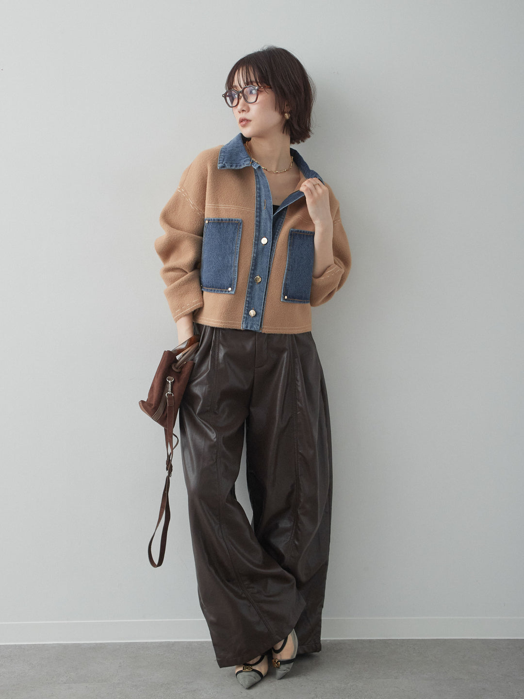 [SET]デニムコンビスムースニットジャケット+フェイクレザーワイドパンツ(2set)