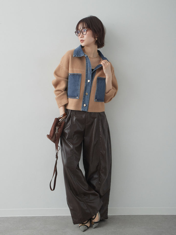 [SET]デニムコンビスムースニットジャケット+フェイクレザーワイドパンツ(2set)