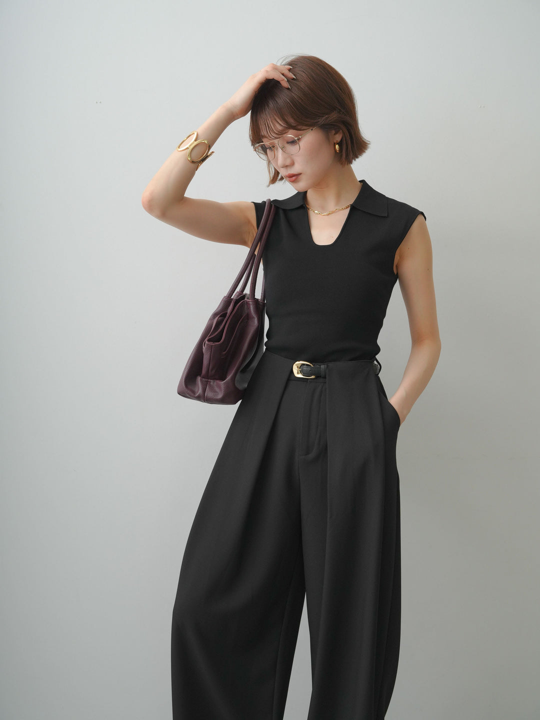 [SET]スキッパーフレンチニットトップス+選べるアクセセット(2set)
