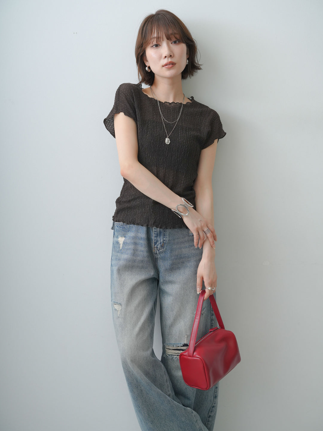 [SET]シャーリングシアーバックオープンフレンチトップス+ダメージデニムセミワイドパンツ(2set)