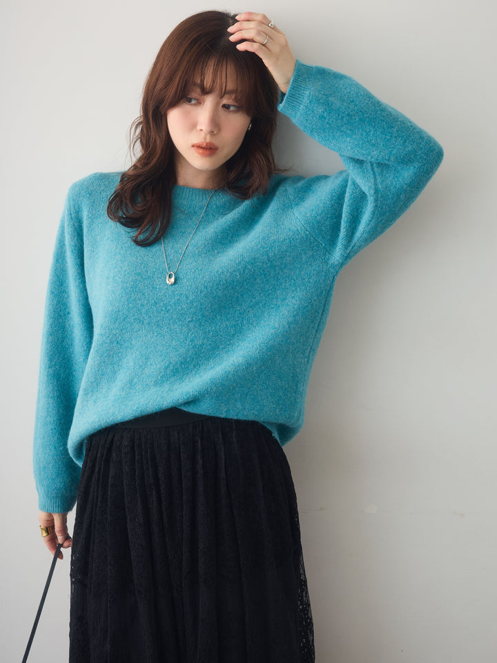 [SET]ソフトヘアリークルーネックニットトップス+ベロアレースドレープフレアスカート(2set)