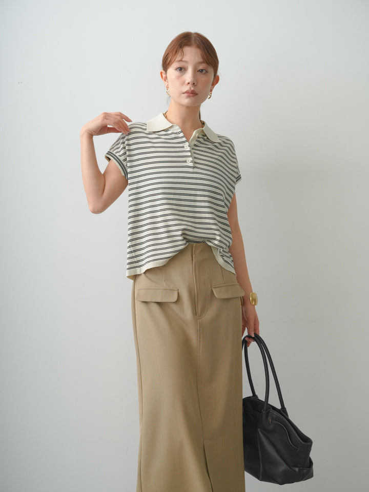 [SET]ポロニットボーダートップス+クレープデシンフラップ付きストレートスカート(2set)