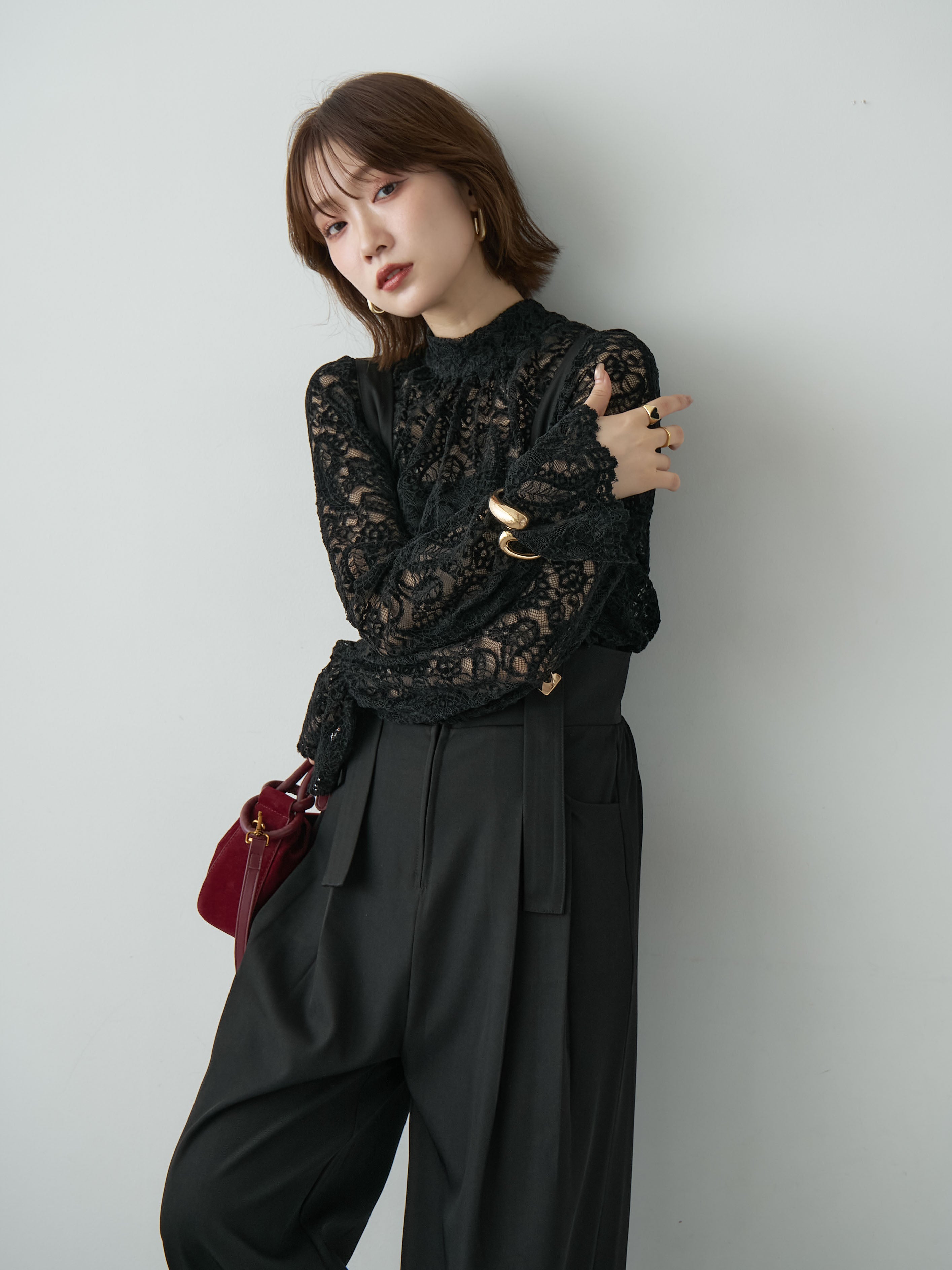 ★新品未使用★ ブロシュレースバックリポンブラウス　前後2WAY仕様　黒 SET]ベロアレースバックリボンブラウス+ベロアレースバックリボン