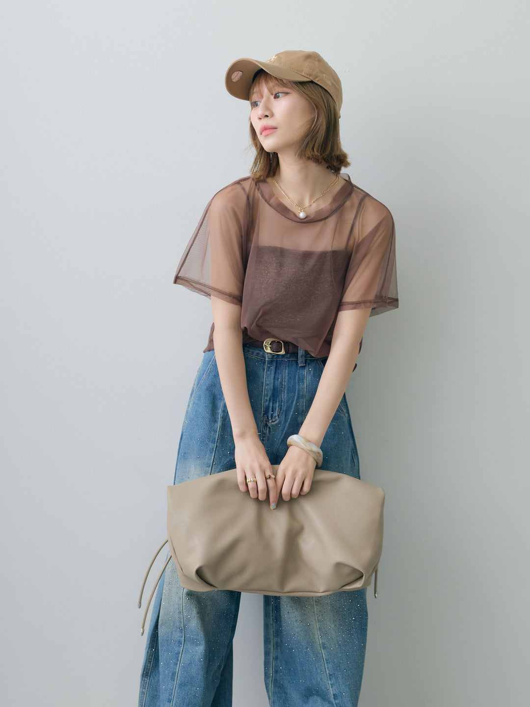 [SET]インナーキャミ付シアーオーバーTEE+フロントビジューカーブデニムパンツ(2set)
