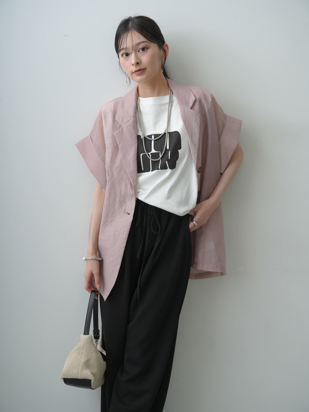 [SET]シアーオーバー半袖ジャケット+ショルダータックノースリーブオーバーTEE+リラックスドレープスウェットパンツ(3set)