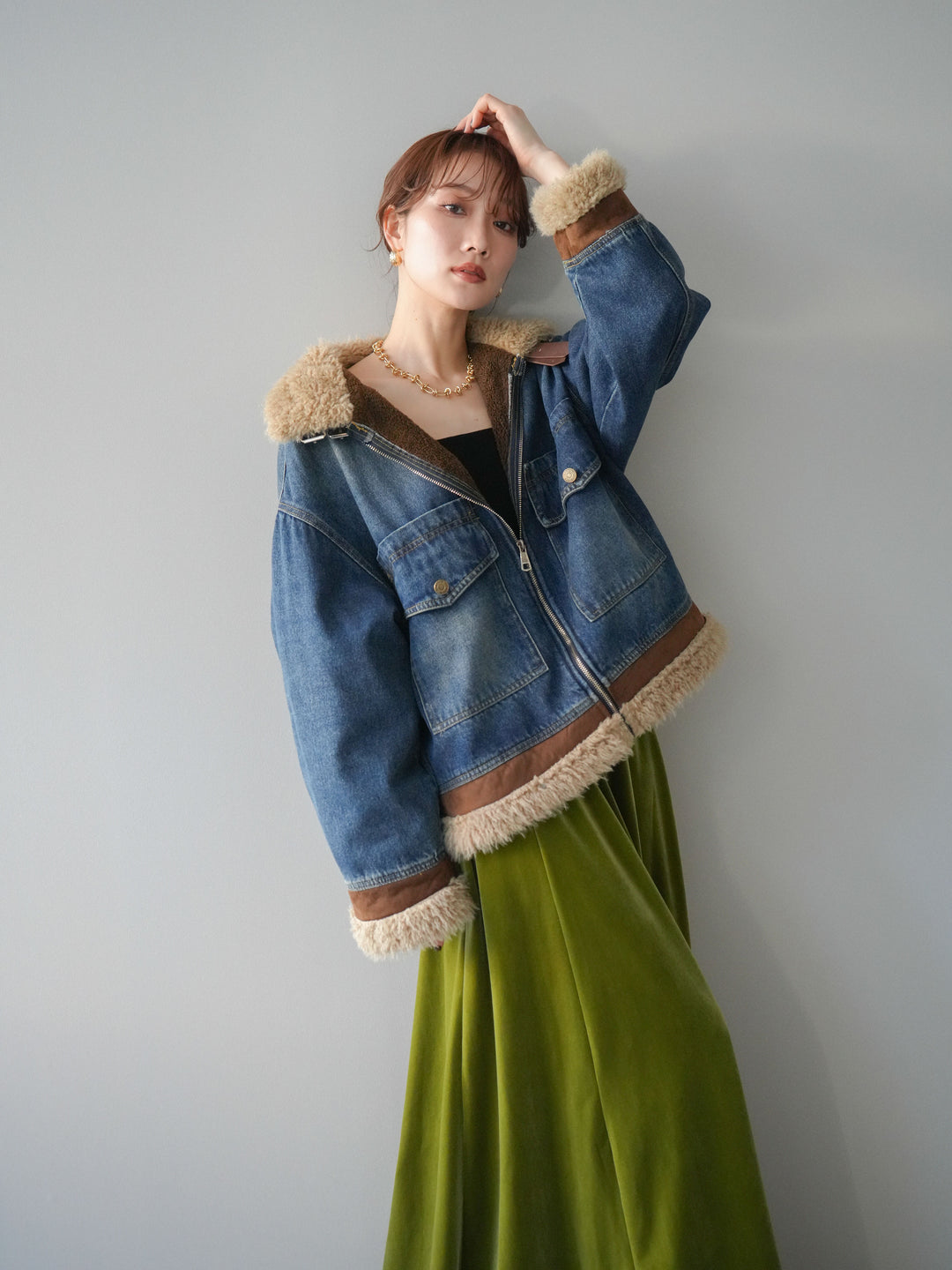 [予約]スタンドカラーファー×デニムジャケット/blue