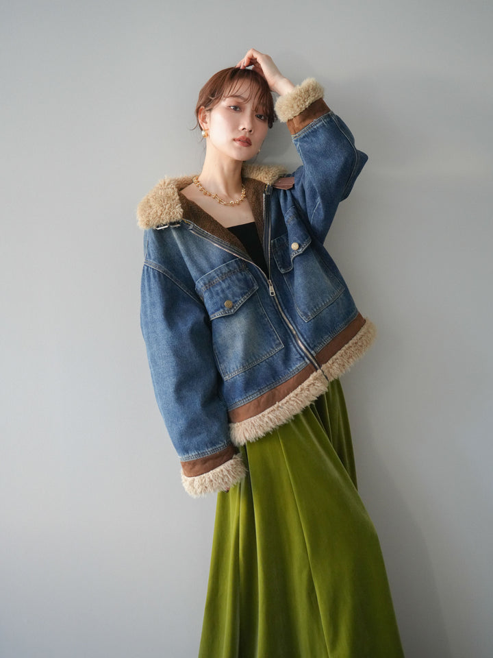 [予約]スタンドカラーファー×デニムジャケット/blue