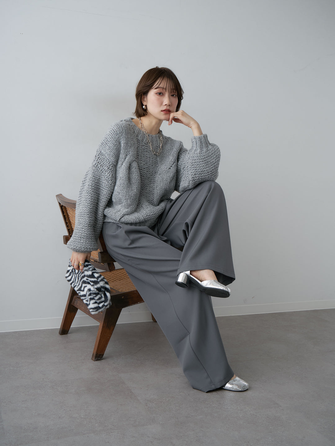 [予約]チャンキーケーブルニットトップス/gray