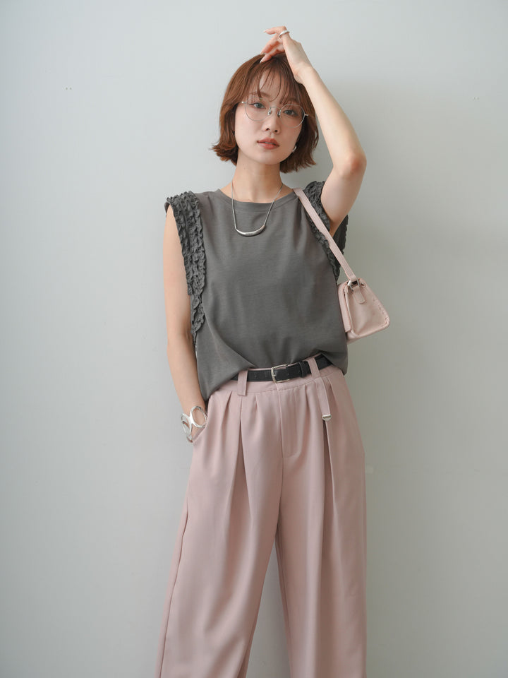 [SET]ホイップフリルフレンチTEE+ベルト付キーホルダーモチーフワイドパンツ(2set)