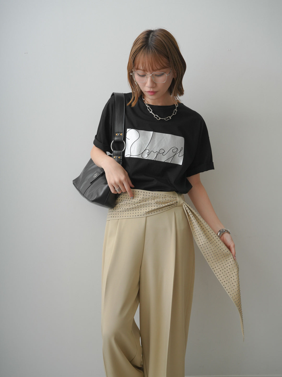 [SET]箔プリントボックスTEE+ビジューベルトタックワイドパンツ(2set)