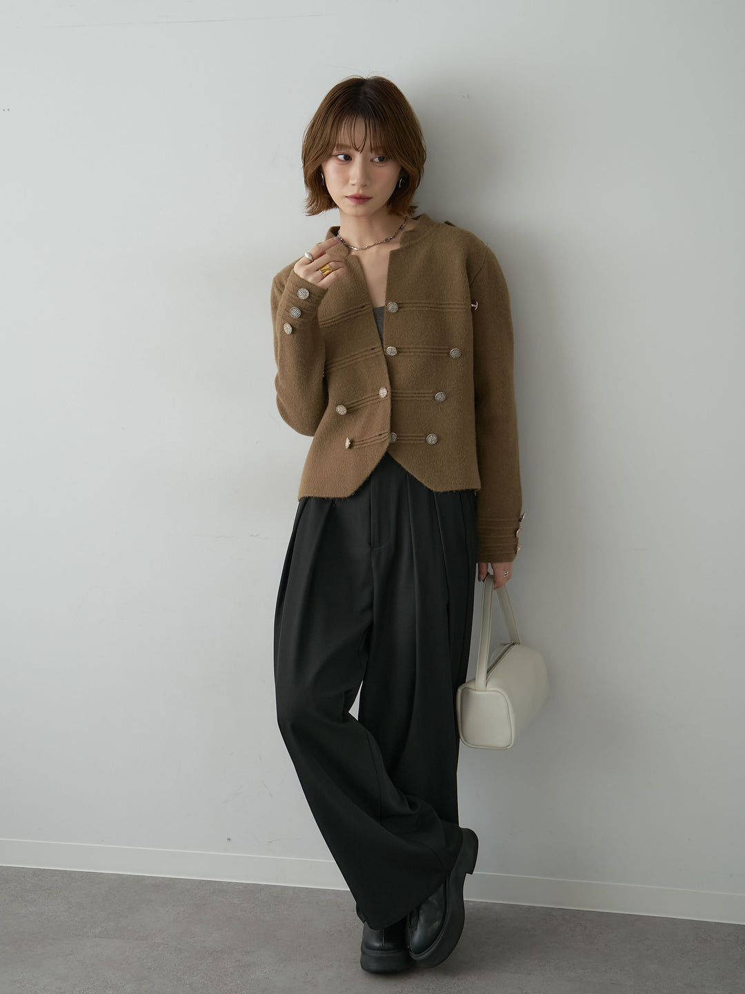 [SET]ナポレオンニットジャケット+ツイルタックワイドパンツ(2set)