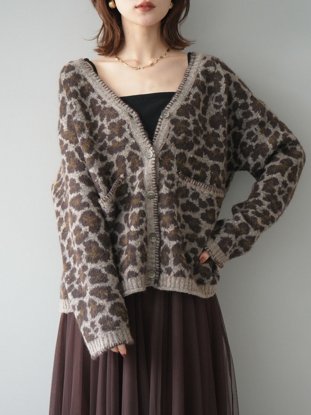 [予約]アニマル柄ステッチニットカーディガン/khaki