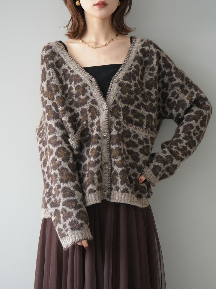 [予約]アニマル柄ステッチニットカーディガン/khaki