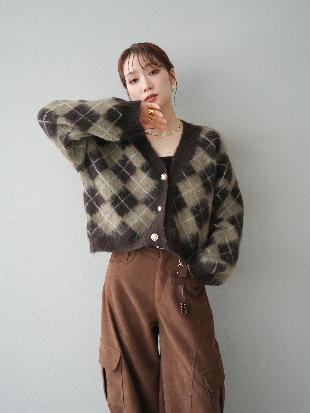 [予約]アーガイルシャギーニットカーディガン/brown