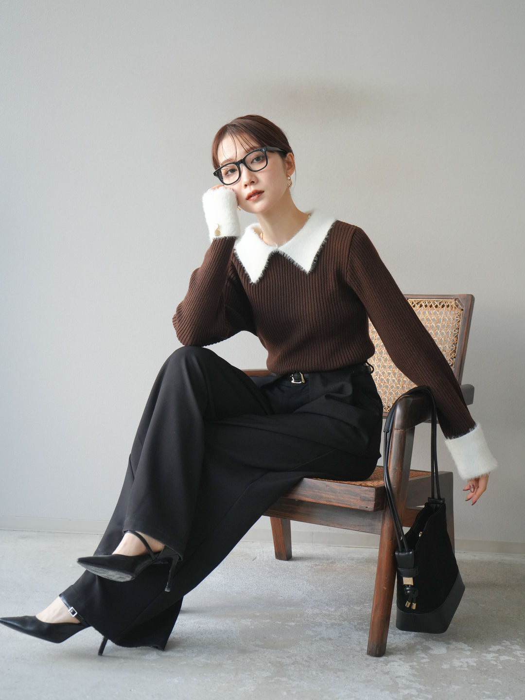 [SET]シャギー襟リブニットトップス+ベルトループデザインワイドパンツ(2set)