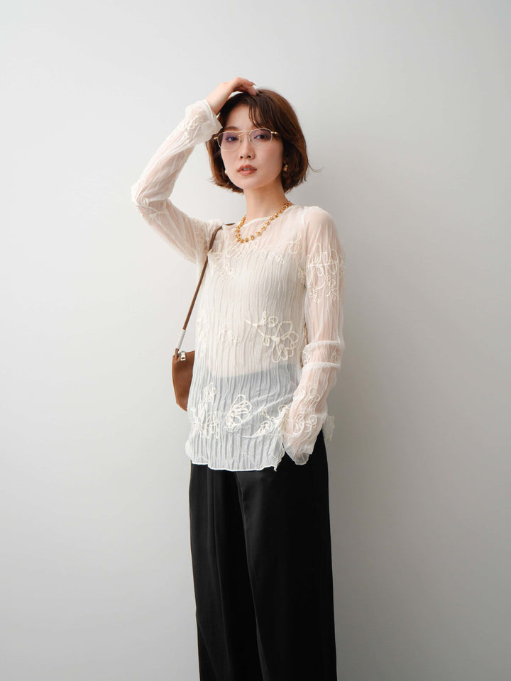 [SET]コード刺繍シアーロングスリーブトップス+選べるアクセセット(2set)