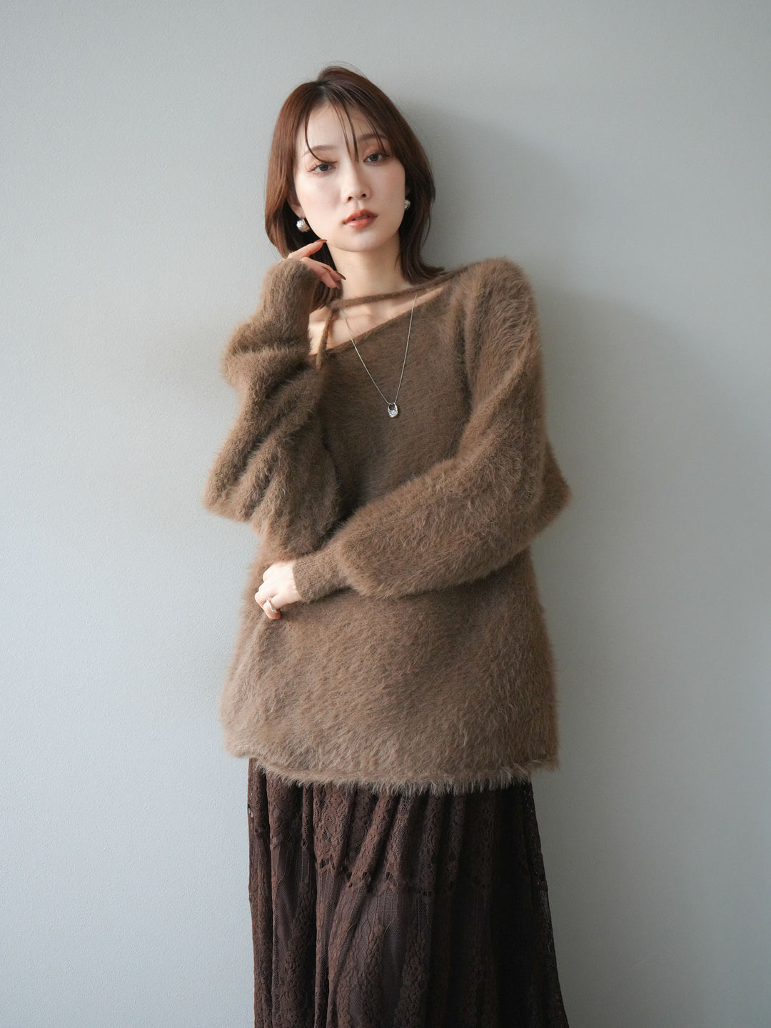 [予約]紐付きシャギーニットプルオーバー/camel