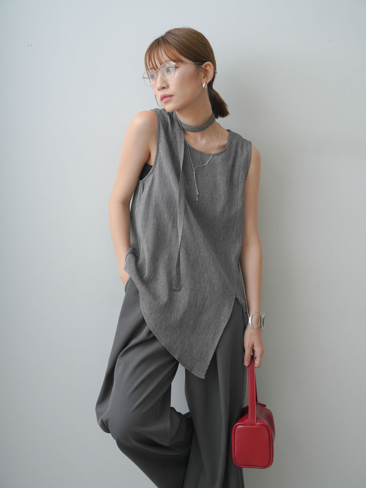 [SET]タイ付アシメヘムノースリトップス+ベルトループデザインワイドパンツ(2set)