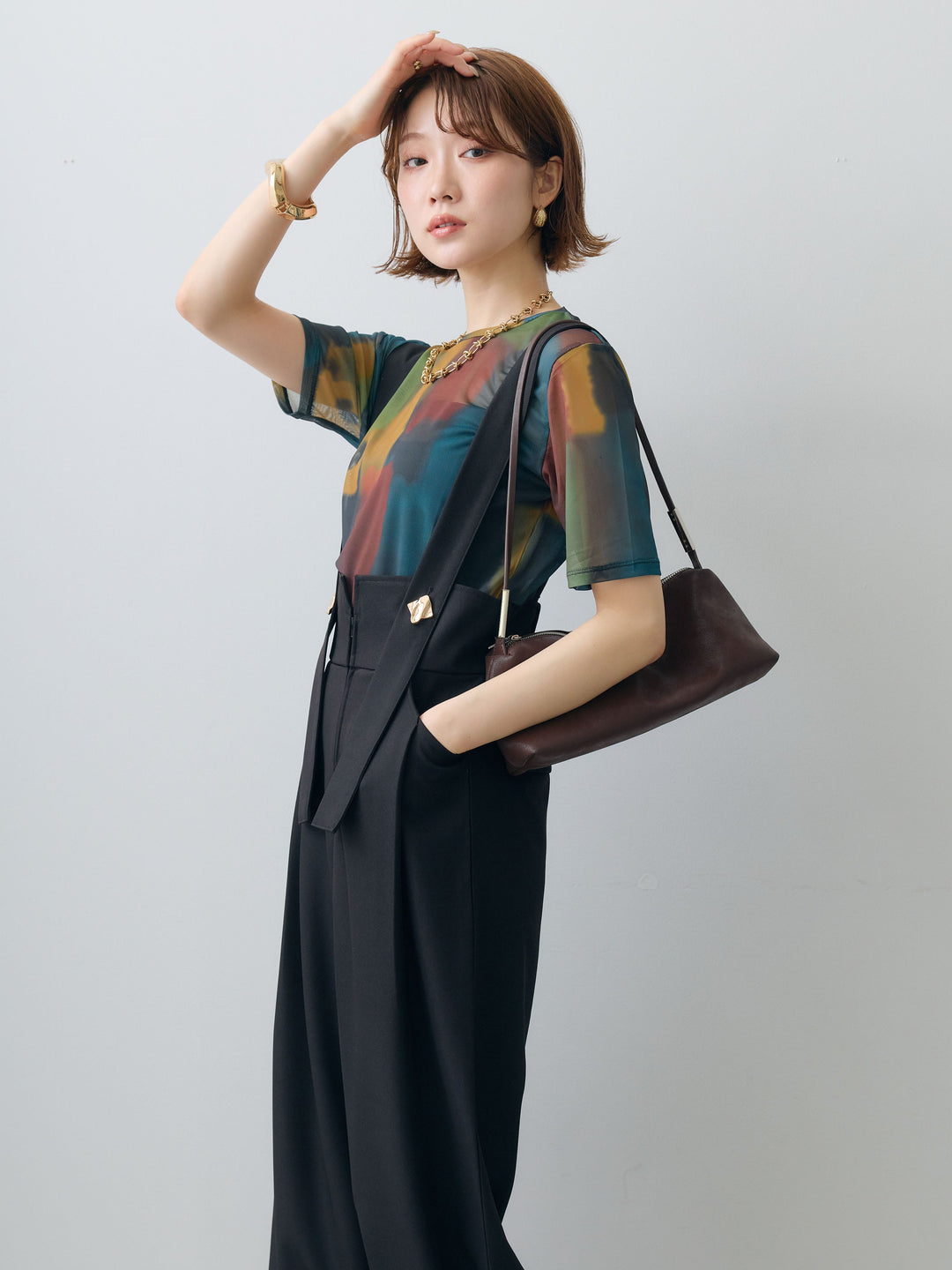 [SET]水彩アートシアーTシャツ+ゴールドボタンサスペンダーワイドパンツ(2set)
