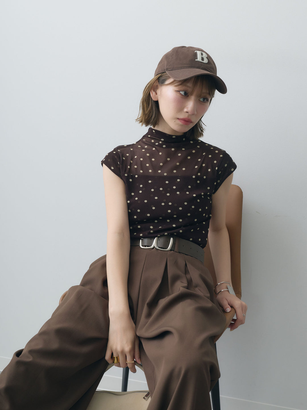 [SET]プチネックドットシアートップス+ダブルバックルベルト付ワイドパンツ(2set)