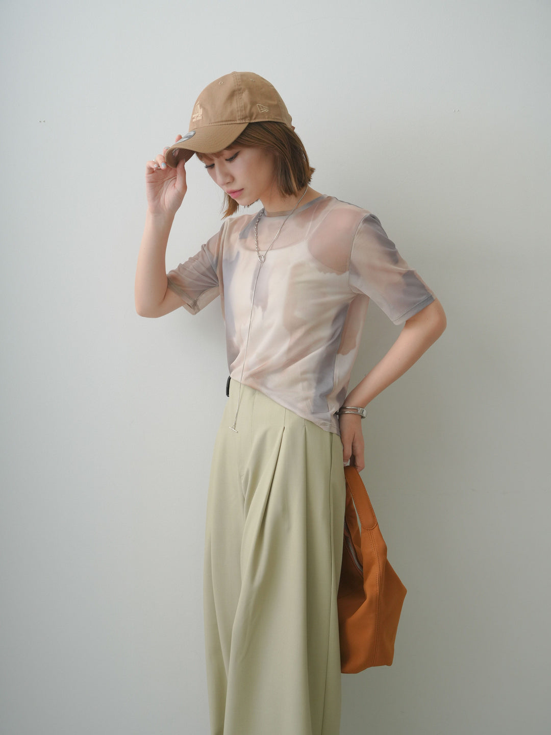 [SET]水彩アートシアーTシャツ+アシンメトリーベルトタックワイドパンツ(2set)