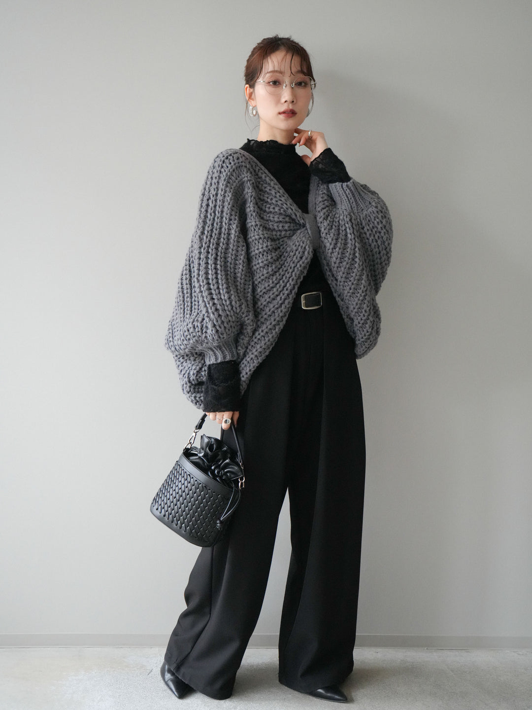 [SET]ローゲージ畦編みドルマンニットボレロ+起毛レースプチネックトップス+ベルトループデザインワイドパンツM(3set)