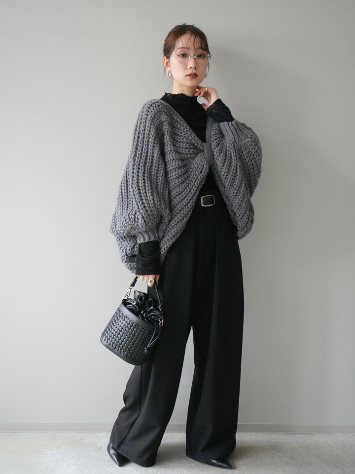 [SET]ローゲージ畦編みドルマンニットボレロ+起毛レースプチネックトップス+ベルトループデザインワイドパンツM(3set)