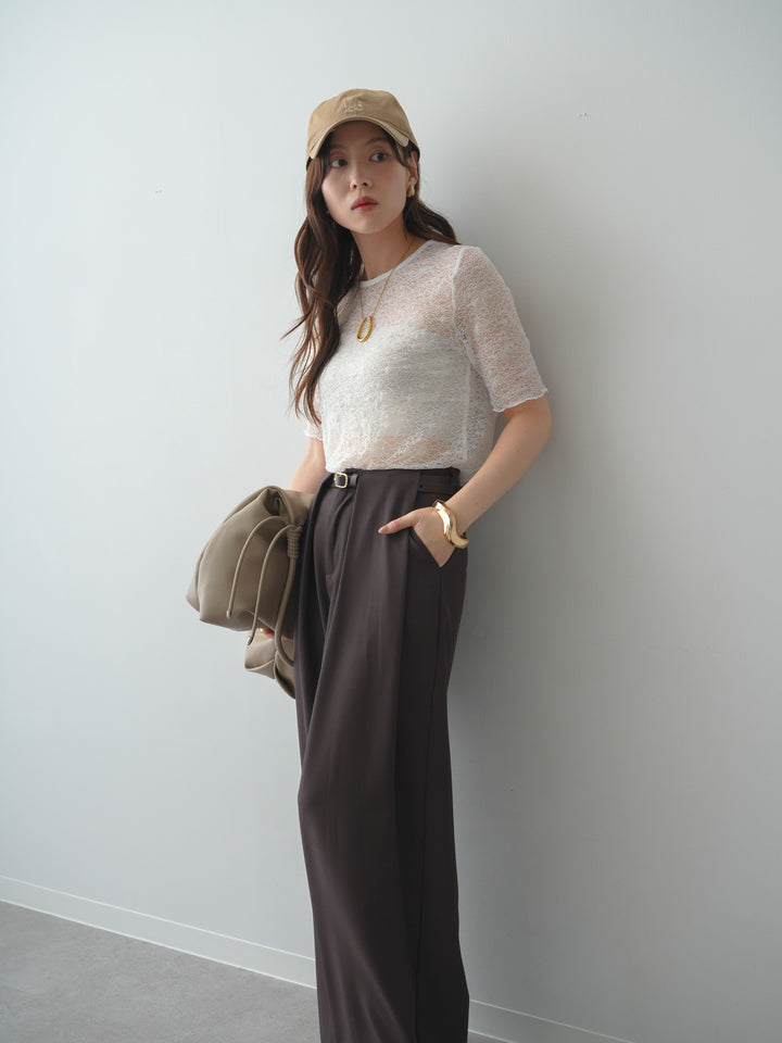 [SET]フラワーモチーフレーストップス+ベルトループデザインワイドパンツ(2set)