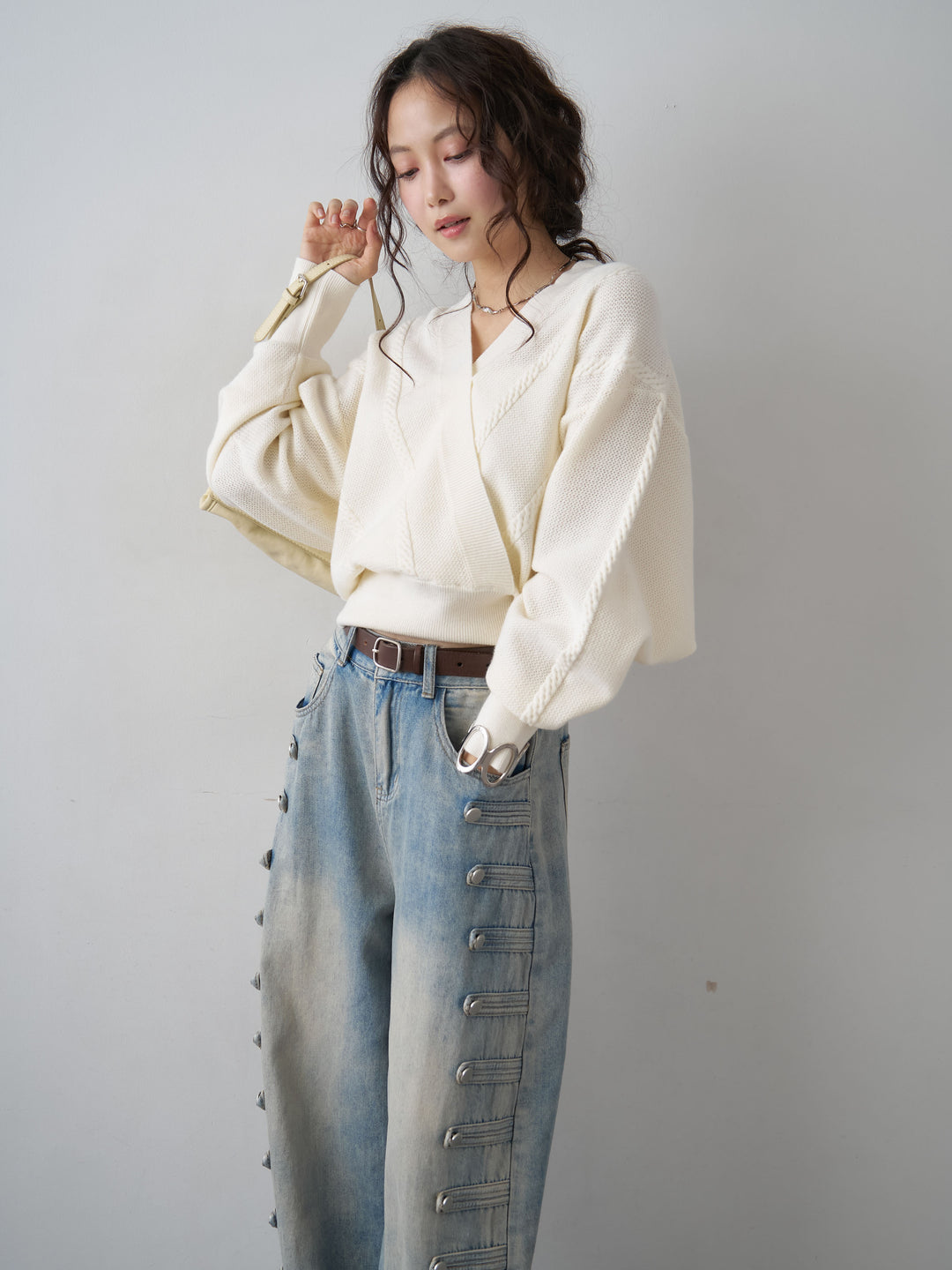 [SET]カシュクールミックスケーブルニットトップス+カシュクールミックスケーブルニットトップス(2set)
